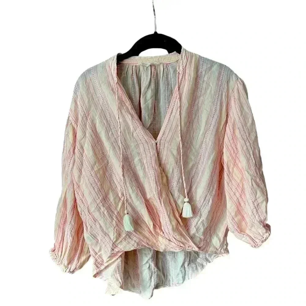 Boho Chic Pastel‎ Striped Wrap Blouse with Tassels Summer Beach Top D11